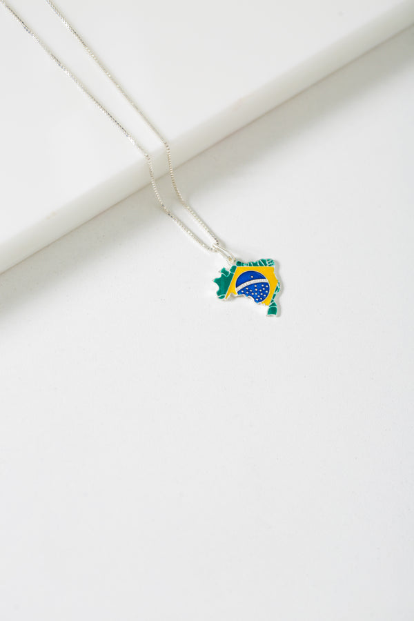 Colar Veneziana em Prata 925 com Pingente Mapa do Brasil em Resina Colorida – Kayro Joias