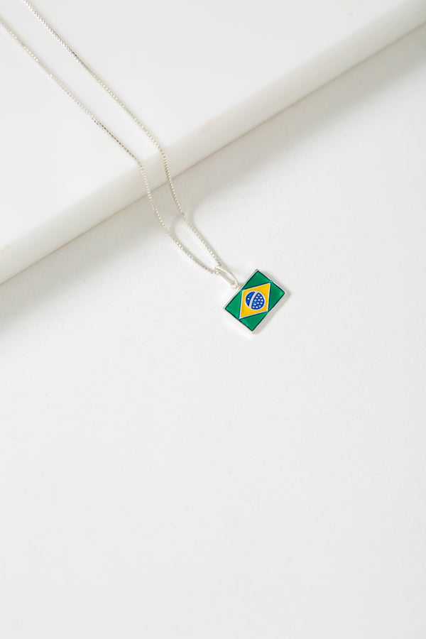 Colar Veneziana em Prata 925 com Pingente Bandeira do Brasil em Resina – Kayro Joias